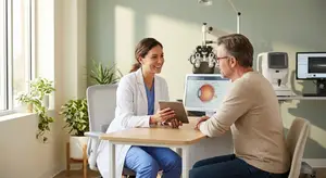 A smiling female doctor in a white lab coat is explaining something to a male patient sitting on a chair in a room with a monitor, plants, and an eye examination machine in the background.