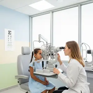 A young girl is sitting in a chair at an eye exam with an optometrist wearing a white lab coat and using a slit lamp to check her eyes