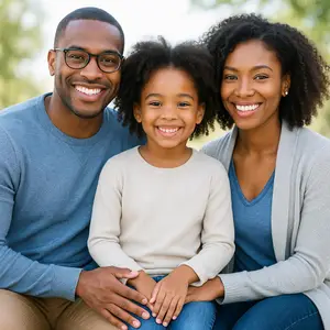 A man, woman, and child are smiling and posing for a photo together.