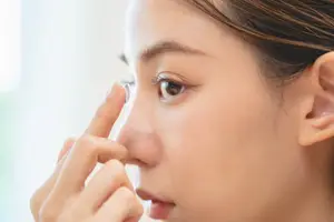 Close up of a woman putting a contact lens into her eye