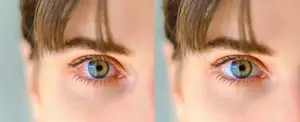 two close up images of a person with red eyes looking at the camera