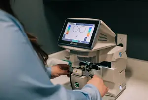 A person is adjusting the Topcon 10000 RX Lens Analyzer in a laboratory