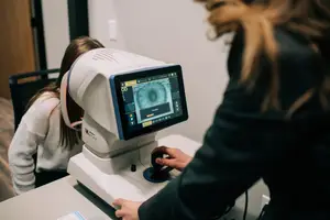 A woman is having her eye examined by a medical professional using an eye examination machine.