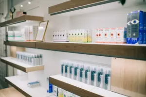 A wooden shelf with different boxes of products in a store