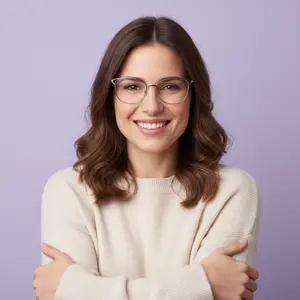 A smiling woman wearing glasses, folded arms, and standing against a purple background