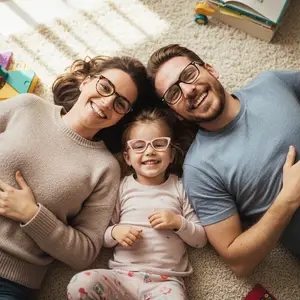A family of three wearing glasses laying on the carpet smiling