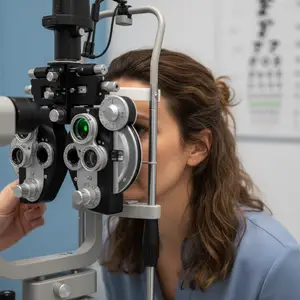 A woman in a blue shirt is having her eyes examined with an eye exam machine.