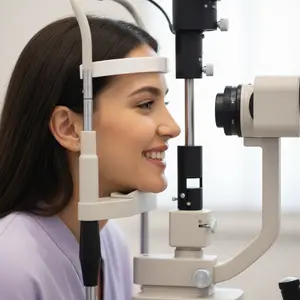A smiling woman is undergoing an eye examination