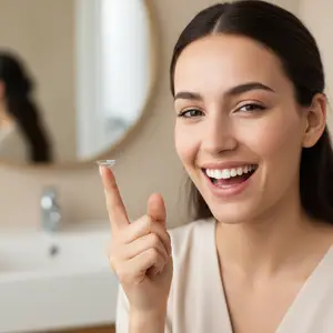 A woman is smiling in a bathroom while holding a contact lens.