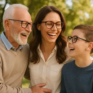 A man, a woman, and a boy are standing together, all wearing glasses, and smiling in a park
