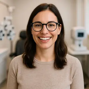 A smiling woman in a light brown sweater and black-framed glasses stands in a room with medical equipment.