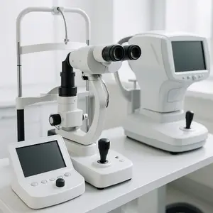 Three white medical devices are on a white table, one is a phoropter, another is a digital screen, and the last is a machine with a screen and buttons.