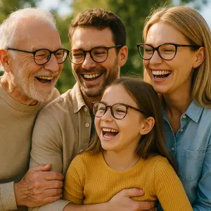 A family of three, including a grandfather, father, and daughter, are all smiling and wearing glasses in an outdoor setting.