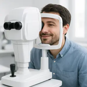 A man smiling at a white ophthalmoscope used for eye examination