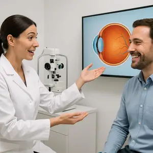 An ophthalmologist is showing a patient an image of an eye on a monitor while they both smile.