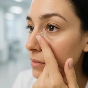 A woman with a clear contact lens in her eye is adjusting it with her finger.