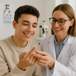 A young man and woman are smiling and looking at a small object, probably a contact lens, in a room with a white wall and a white eye chart.