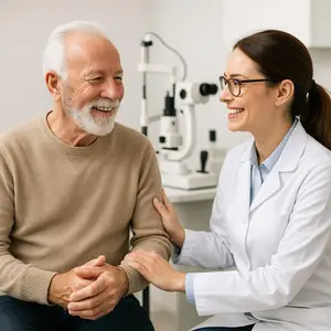 A smiling elderly man and a smiling woman in a white lab coat are sitting in a room with an eye examination machine. 