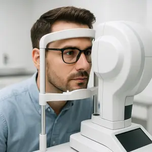 a man wearing glasses and looking into a machine that is likely an optometrist's tool