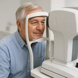 An older man getting his eyes checked with a machine.
