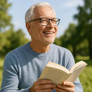 An older man sitting on the grass and reading a book with a smile on his face.