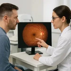 A doctor is pointing at a monitor with an image of an eye on it. A man is looking at the monitor.