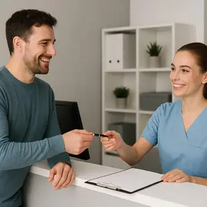 A man and a woman are smiling and looking at each other at a desk in a medical office.