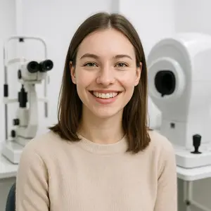 A woman with brown hair is smiling at the camera, wearing a beige sweater, with a white ophthalmoscope in the background.