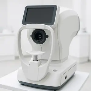 An ophthalmic auto refractor is positioned on a white countertop in a clean, clinical environment.