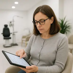A woman sits in a dental office chair, looking at a tablet.