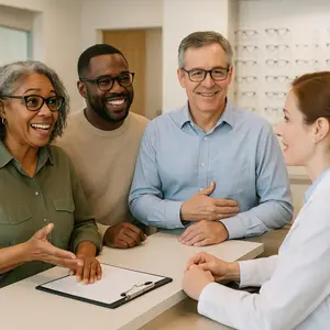 Three people, two men and a woman, are sitting around a table with a female doctor. They all appear to be discussing something. The woman is wearing glasses, and the men are smiling. Behind them is a wall with shelves of eyeglasses and a wooden door. The woman is wearing a white coat and holding a clipboard. The man on the left is wearing a sweater.