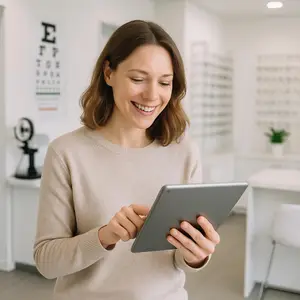 A smiling woman is holding a tablet in her hands in a room.