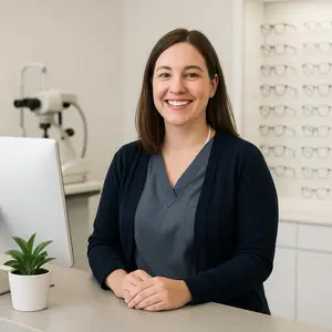 A smiling woman with brown hair in a blue cardigan and gray top is standing behind a desk with a computer and a potted plant. She is in an optical shop with a wall of glasses behind her.