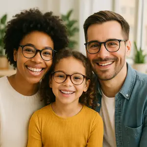 A family of three people smiling while wearing glasses from Logan Vision Clinic in Logan, Utah