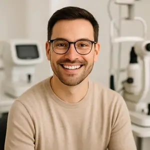 Man wearing glasses smiling in front of an optometrist's equipment