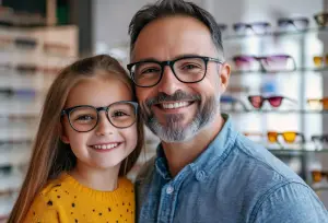 A man and a girl smiling in front of a display of glasses