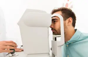 A man is undergoing an eye test with an optometrist, wearing glasses and looking into an eye examination machine.