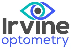 Irvine Optometry logo features a stylized eye with blue and green iris and pupil, set against a white background