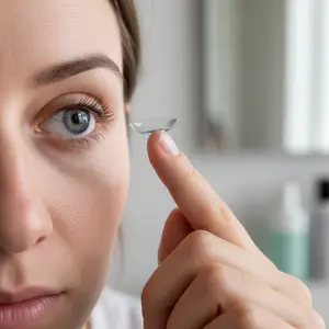 A woman is inserting a contact lens into her eye.