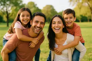 A family of four, including a young girl, a young boy, a man, and a woman, is smiling for a photo in a park.