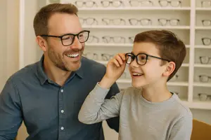 A smiling man and boy are looking at glasses in a store