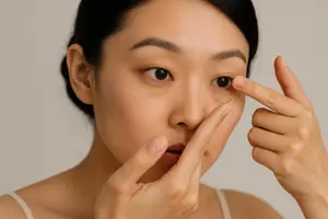 A woman wearing a white tank top holds a contact lens between her fingers and attempts to place it in her eye.