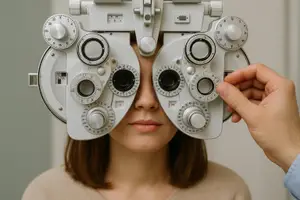 A woman is having her eyes examined by an optometrist using a machine with multiple lenses and dials.