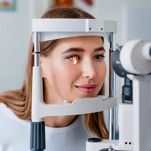 A woman with long brown hair is having her eye examined