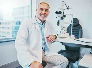 A smiling doctor in a white coat sits in a medical office with an ophthalmoscope behind him