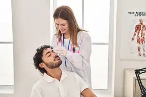 A man is lying on a bed while a woman is administering a nasal spray to his nose. The woman is wearing a lab coat and a stethoscope. She is smiling and looking at the man. Behind them is a wall with a poster of a human muscle system and a black object that might be a tripod.