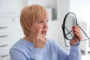 An elderly woman with short blonde hair looking at her face in a mirror, possibly checking for wrinkles or signs of aging.