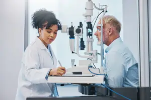 A doctor examining a patient's eye with an ophthalmoscope
