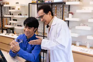 A man is trying on glasses while another man stands beside him and talks to him in a shop.