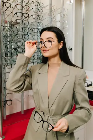 A woman wearing glasses is smiling and looking at the camera in a room with a mirror and a rack of glasses